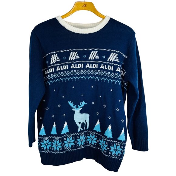ALDI Gear Ugly Christmas Sweater Navy Blue Reindeer & Snowflake Design Large Acr - Picture 1 of 6